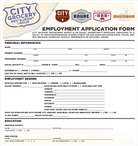 Application for employment in restaurant