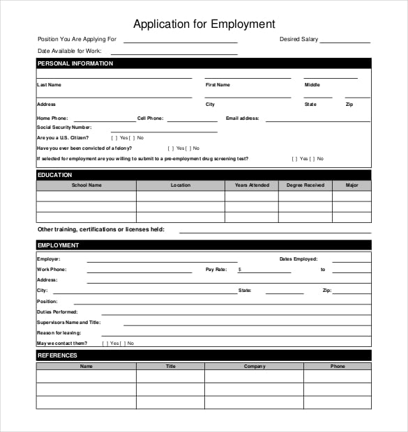 Application for employment in restaurant