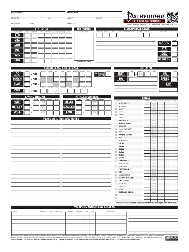Pathfinder eidolon character sheet pdf